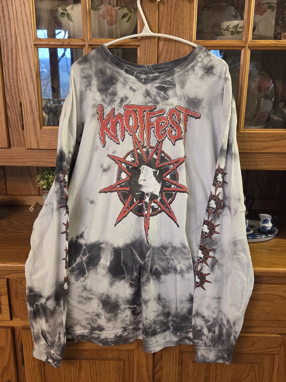 Black & White Tie-Dye Long Sleeve Tee with Red Graphic